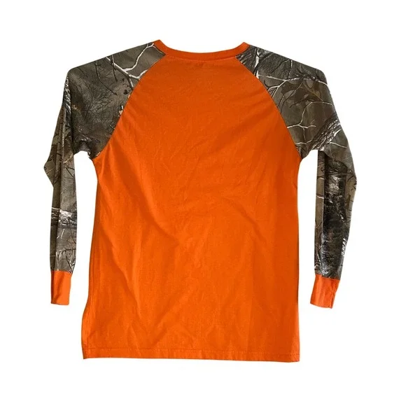 Real Tree Camo Orange Long Sleeve Raglan Shirt Kids XL 14-16 Hunting Outdoor - Picture 2 of 6